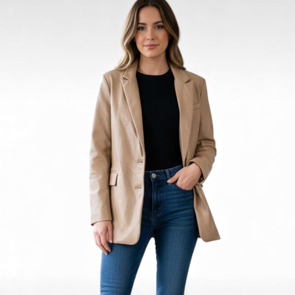 Joie Tan Vegan Faux Leather Double-Button Blazer Jacket S/P $270 MSRP
